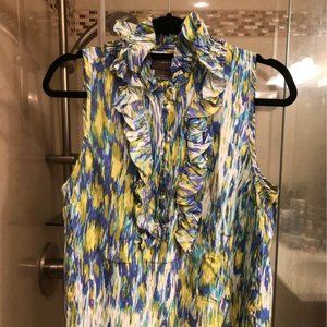 100% Silk Boho Floral Blouse Sleeveless With Ruffled Collar New Without Tag